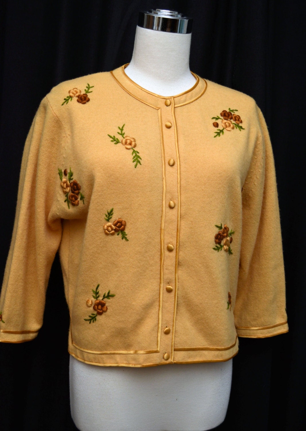 Vintage 60s Gold Embroidered Sweater Cardigan with Floral Sprays Satin Trim and Buttons - VintageDevotion