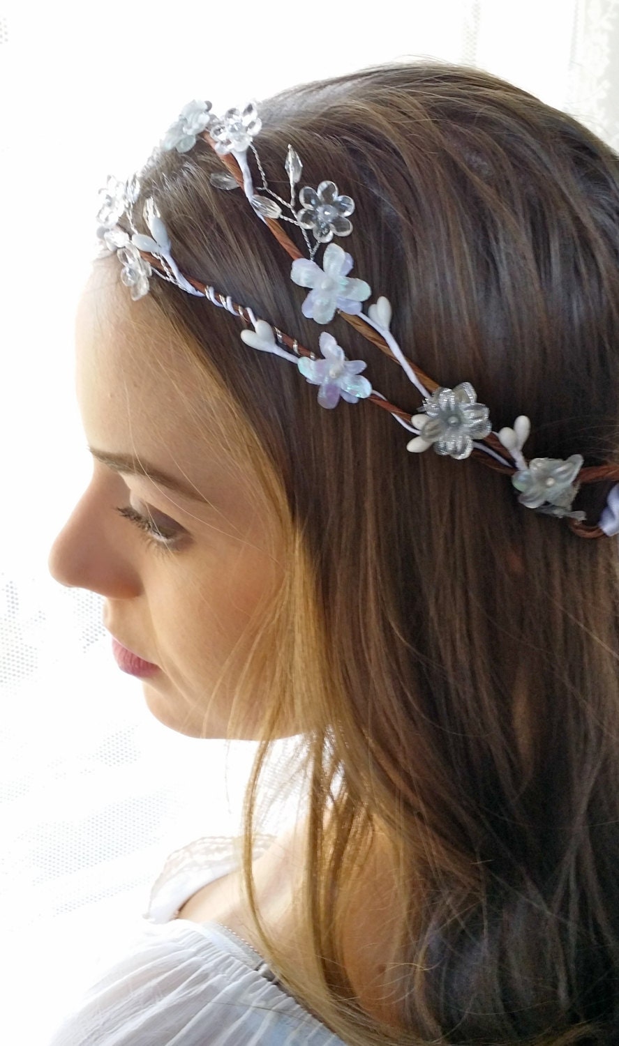 Boho Flower Hair wreath Bridal Halo White Gray floral crown Woodland Rustic Wedding Headpiece Bridesmaids hair Accessory Flower Girl circlet - JoolaDesigns