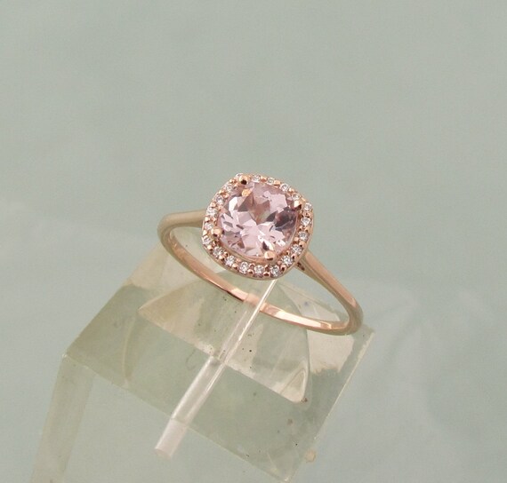Engagement Ring Square Cushion Rose Champagne Pink Spinel Sapphire and Morganite Alternative in 14k Rose Gold Diamond Halo Weddings