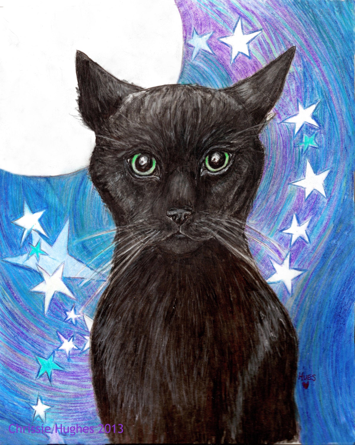 Moon Cat Art / Original Illustration by Maine Artist Chrissie Hughes 8x10" Drawing Feline Haunted Halloween Canvas mounted wicca stars - OldSewlVintage