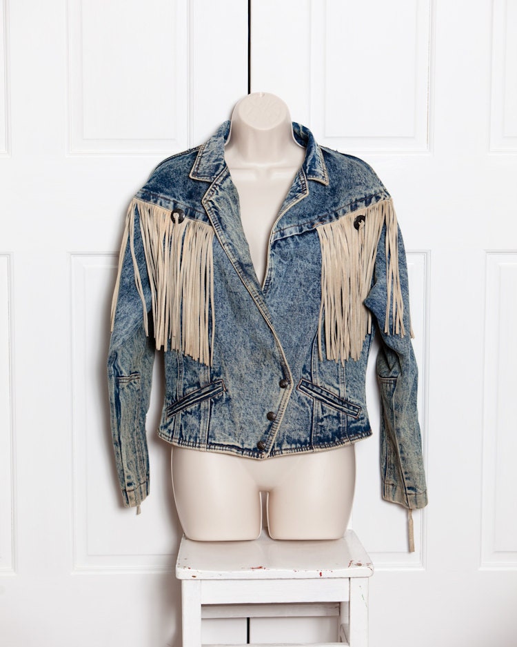 Vintage Denim Jacket Leather Fringe HAVOC by GreatWhiteVintage