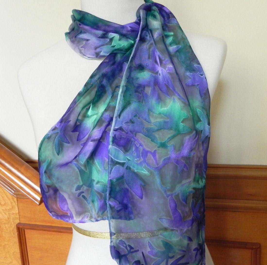 Purple and Green Cut Devore Satin Scarf, Hand Painted Silk Scarf, Ready to Ship - RosyDaysScarves