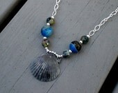 Stormy Seas - Natural Grey Black Sea Scallop & Blue Vein Agate bead silver chain necklace - exotic beach jewelry - phoebemoll Stormy Seas - Natural Grey Black Sea Scallop & Blue Vein Agate bead silver chain necklace - exotic beach jewelry - phoebemoll