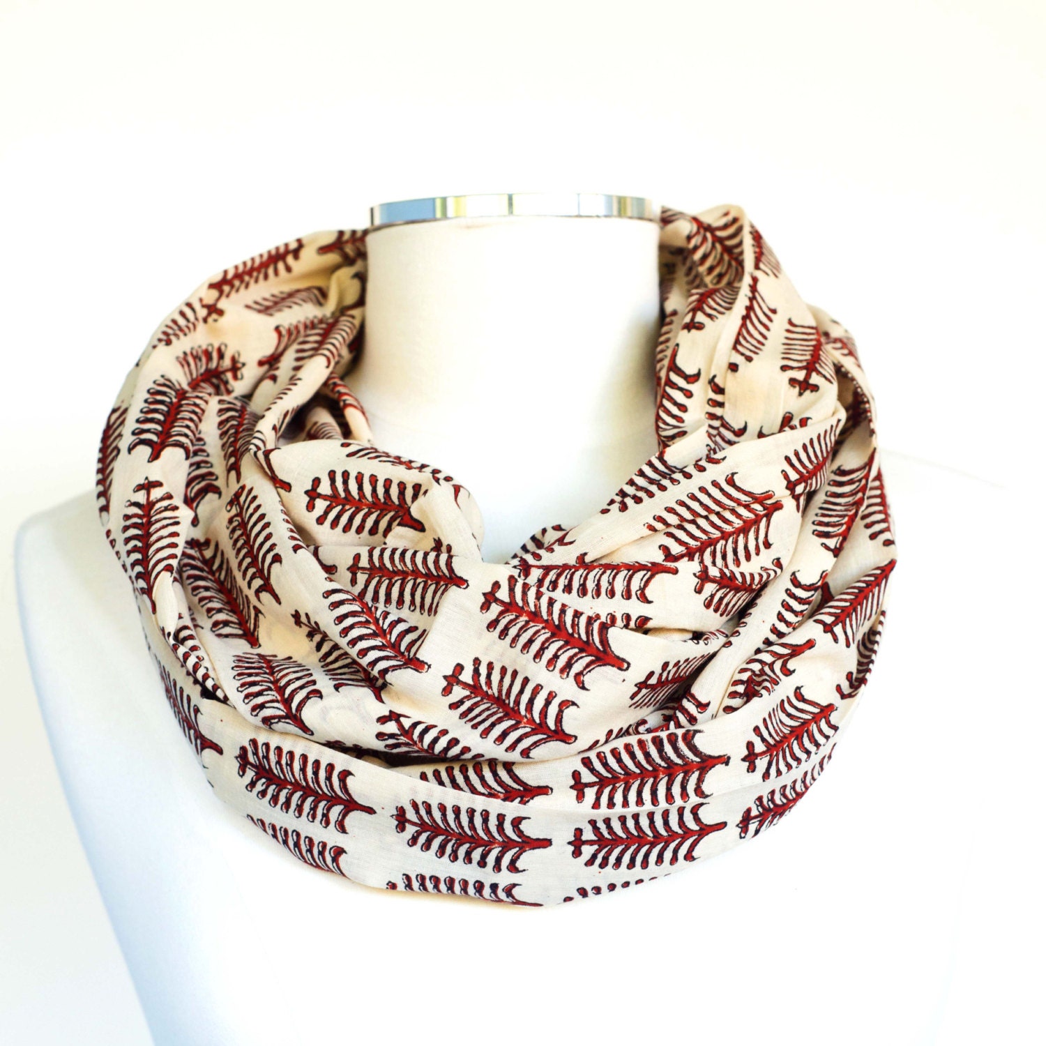 Red Autumn Leaves, Infinity Scarf - Hand block printed, All Natural Vegetable Dyes, 100% Cotton Loop Scarf, Infinity Cowl, Tube Scarf