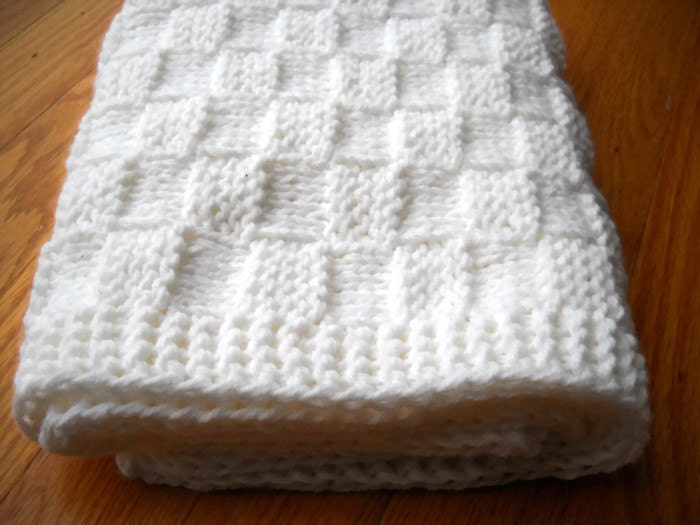 White Baby Blanket Hand Knit Basketweave by BabyBlanketsAndETC