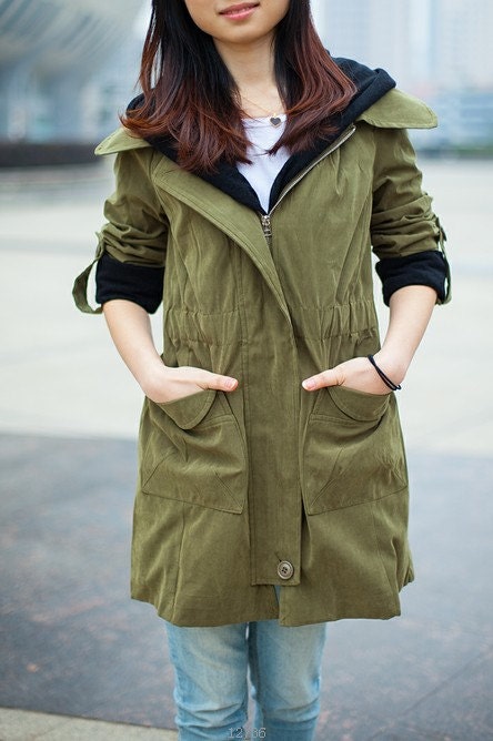 Women Amy Green Jacket Hooded Long Jacket Hood Coat Cape Army Green Hoodie Spring Coat Jacket  M,L,XL - colorfulday01