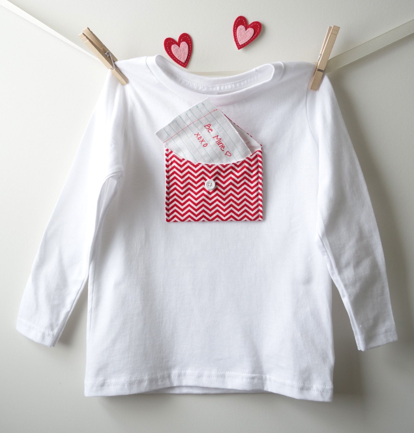Kids Valentines Day White T shirt with chevron Print Pocket, Valentines Gift Idea for Boys or Girls, Customized Love Note Tee Size 2,4, & 6 - fernandfawn