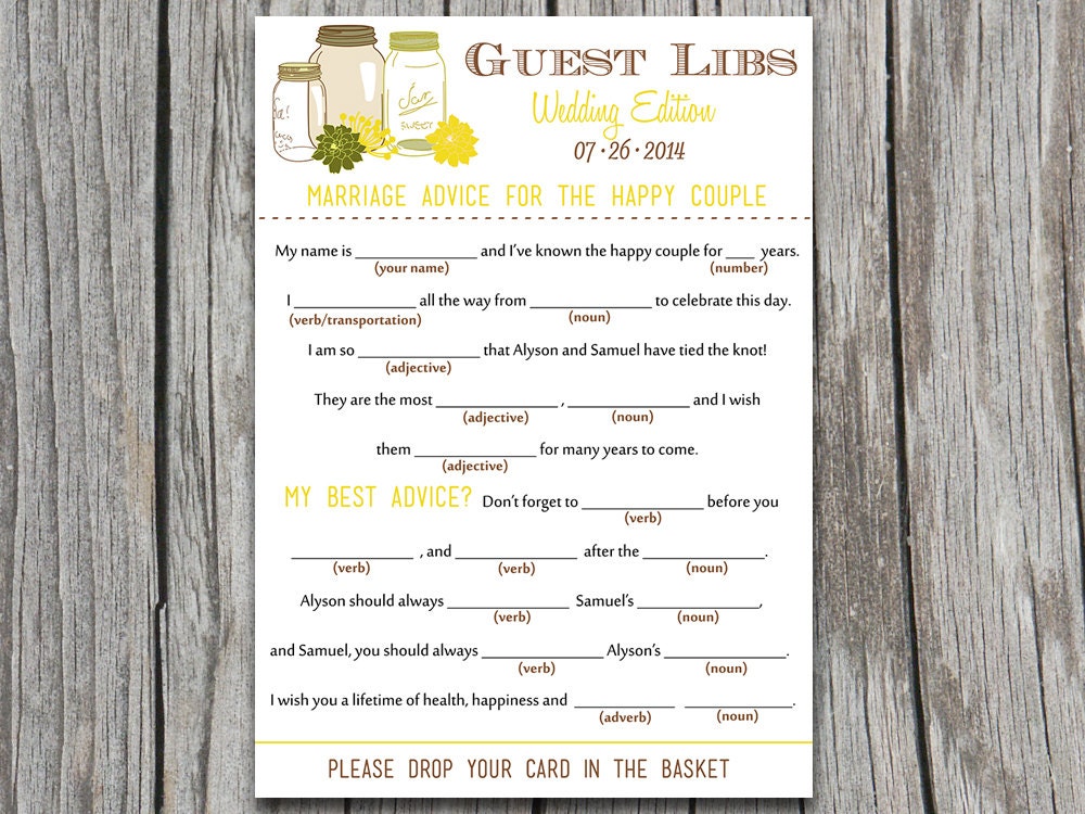 Yellow Rustic Mason Jars Wedding Mad Libs Guest Libs Country Flowers Printable - Stag & Doe Engagement Party, Wedding Guestbook Alternative