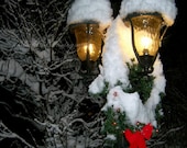 Festive Winter Holiday Photo,Home Decor, Christmas Wreath, Snow, Lamp Post Fine Art, Street Light during Snowfall, Night Photography - BlackCatPhotographs