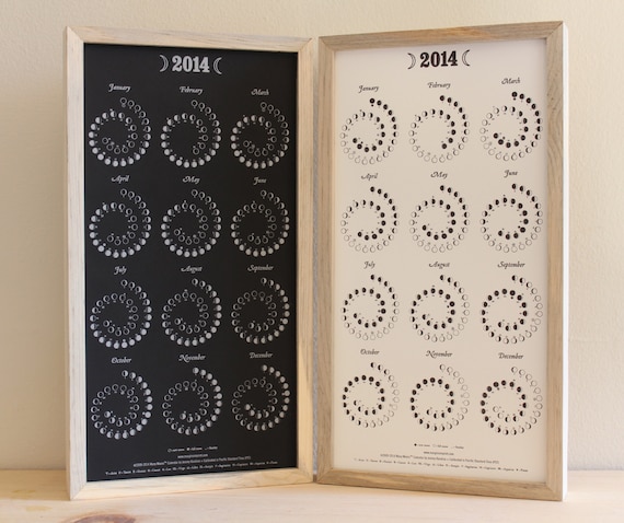 FRAMED 2014 Moon Calendar - LETTERPRESS PRINT in blue pine frame