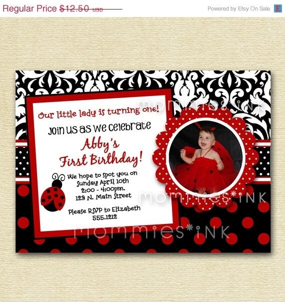 HOLIDAY SALE 10% off Mod Dotty Damask Ladybug - Custom Photo Birthday Invitation - PRINTABLE Invitation Design Il_570xn