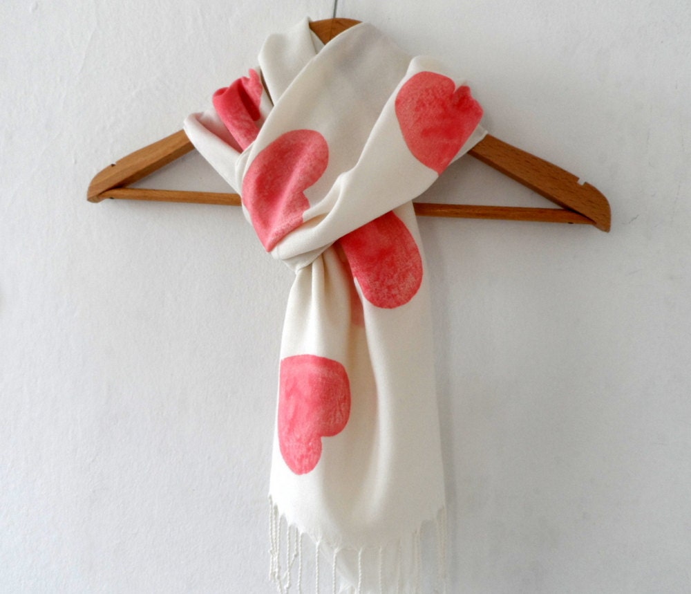 Red  Hearts Scarf in Cream, Hand stamped Off white  Tassel scarf, winter accessories, valentine fashion - ShebboDesign