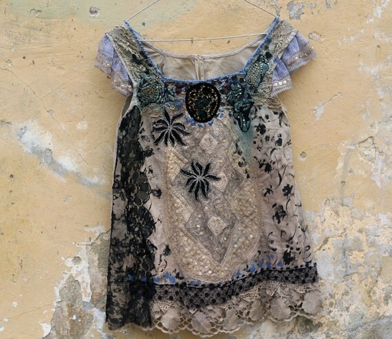 branches in mist--  romantic linen top with antique laces, embroidery and beading, textile collage, bohemian romantic
