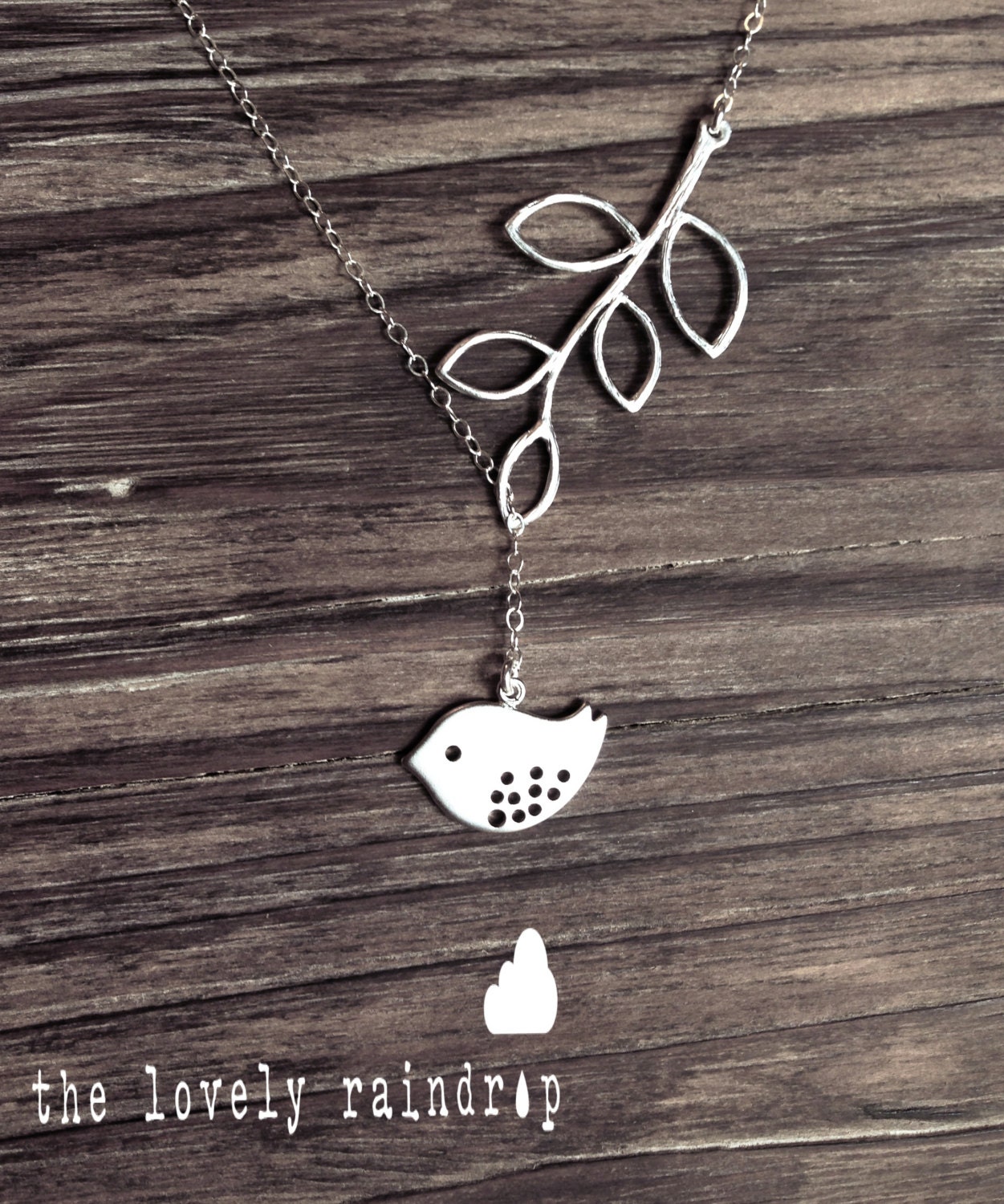 Detailed Bird and Branch Lariat - Silver Necklace - Dainty little silver grey bird and Branch - Perfect Gift - Sterling Silver Chainft