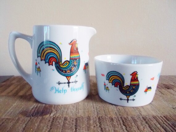 SALE Vintage Berggren Rooster Sugar and Creamer Set by ObjetLuv