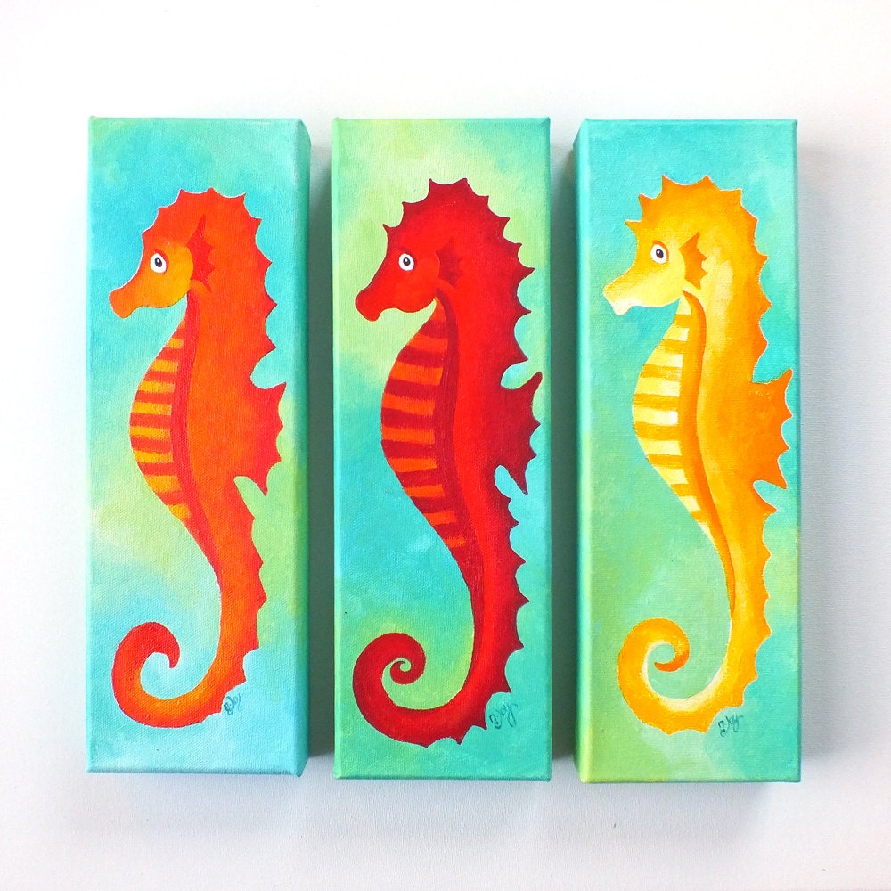 THREE SEAHORSES, Art for home and office, Set of 3, 4x12 acrylic canvases - nJoyArt