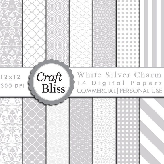 White Silver Charm Digital Paper Pack Commercial Use INSTANT DOWNLOAD Digital Scrapbooking Papers Christmas Gift Wrap Wedding Invitation Il_570xn