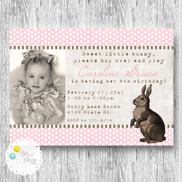 Vintage Bunny Printable Invitation for Birthday Party or Baby Shower - Girls DIY Photo Invite by BeeAndDaisy Il_570xn
