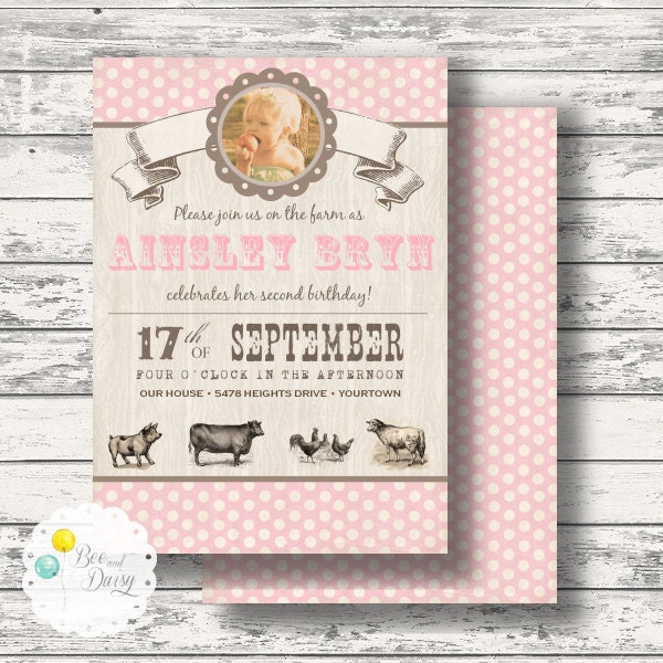 Vintage Farm Invitation for Birthday Party or Baby Shower - Girls Pink Barnyard DIY Printable Invite by BeeAndDaisy Il_570xn