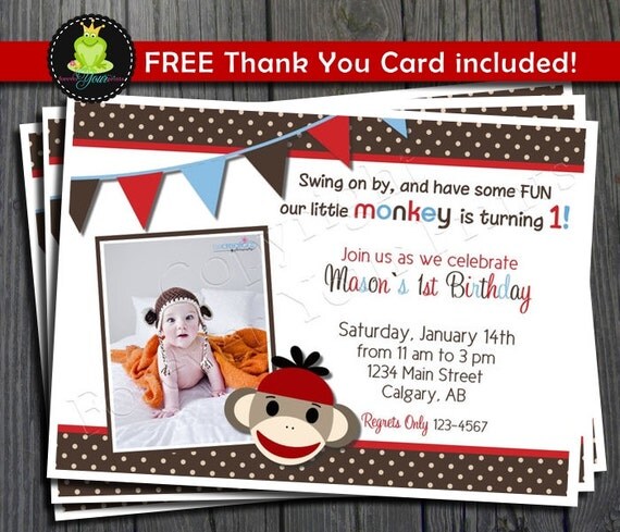 Monkey Birthday Invitation - FREE Thank You Card included Il_570xn
