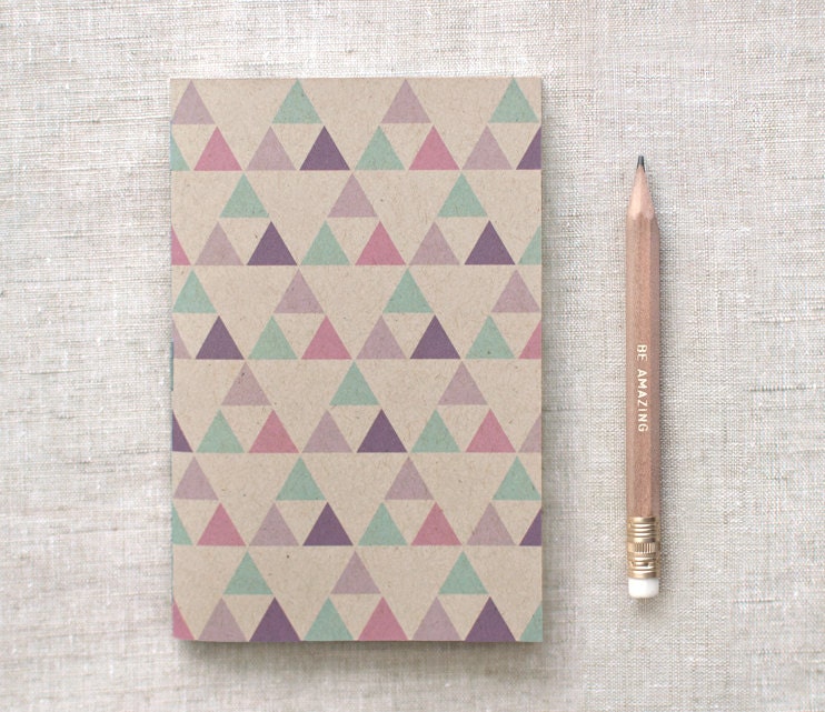 Recycled Mini Notebook with Pencil, Brown Sketchbook - Geometric Patterns, Stocking Stuffer - HappyDappyBits