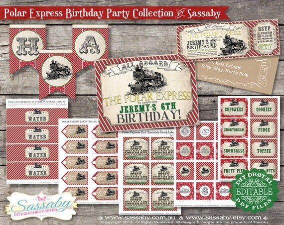 Polar Express Birthday Collection Red & Green - DIY PRINTABLE FILES - Christmas Printables by Sassaby Il_570xn