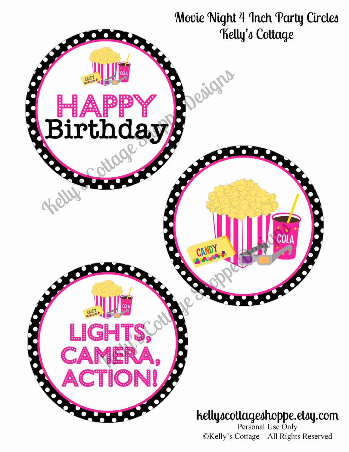 Instant Download, Printable Movie Night Birthday 4 Inch Party Circles Il_570xn
