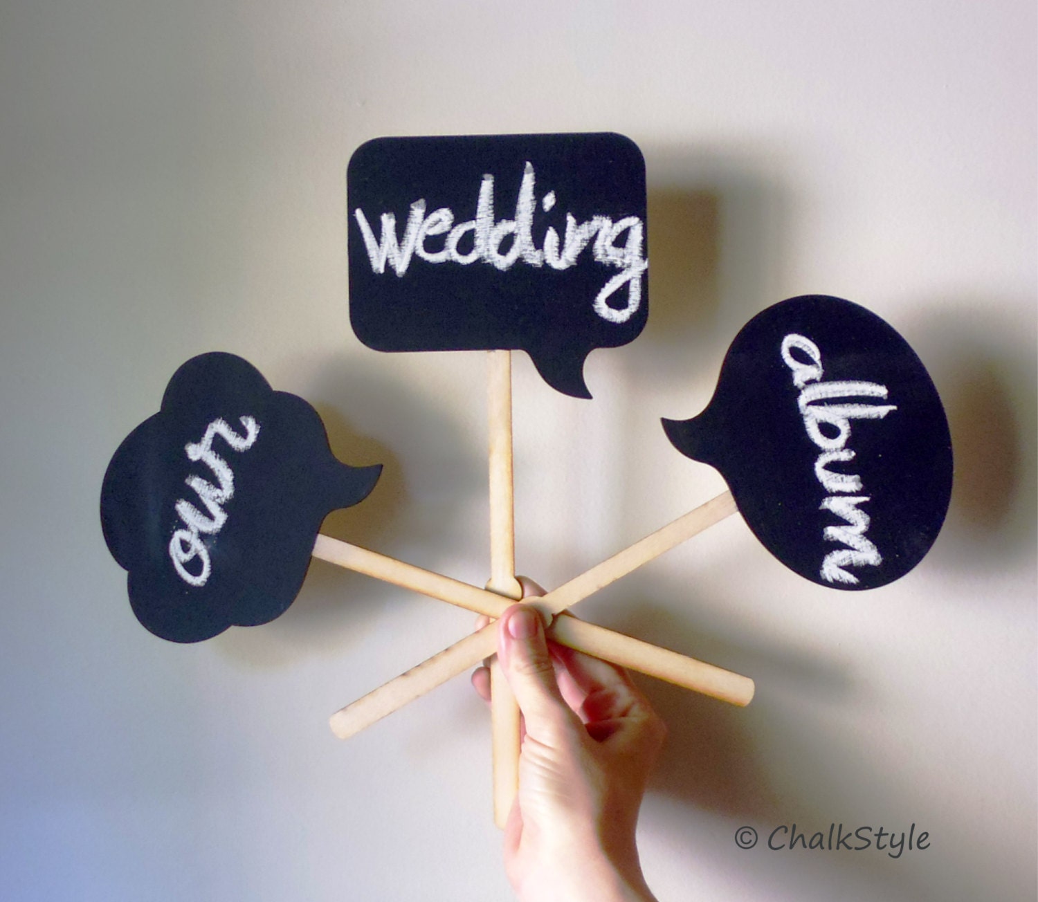 3 Wood Photo Booth Props Chalkboard Speech Bubbles on a Stick Wedding or Engagement Photo Props Il_570xn