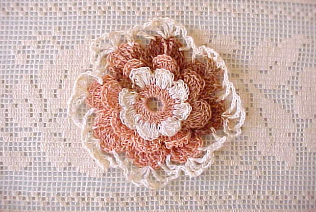 Charming Vintage Crochet Rosette in Peach, Ivory and Mocha - Moonmaidenemporium