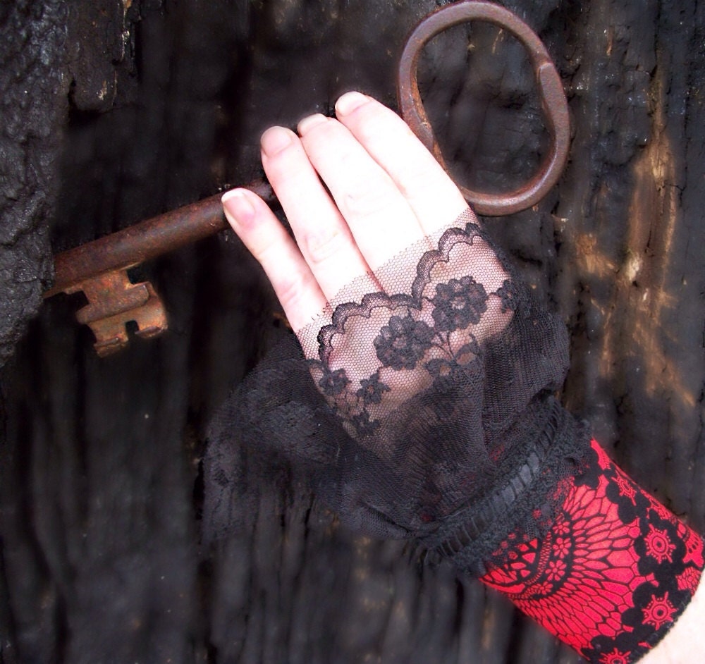 Goth SEXY Cuff Wrist Warmer / Red with Long Black Lace / Vintage Buttons / Satin Ribbon / Holiday Christmas Gift / - DevilMayCareDesign