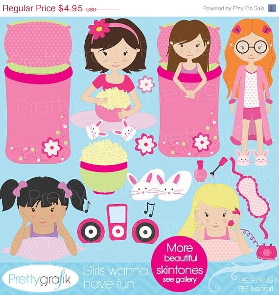 40% OFF SALE sleepover clipart for scrapbooking, commercial use, vector graphics, digital clip art, images, slumber party - CL523 Il_570xn