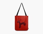 Christmas Reindeer Tote Bag in Red & Brown, Holiday Printed Shoulder Bag, Shopping Bag, Handbag, Gift Bag