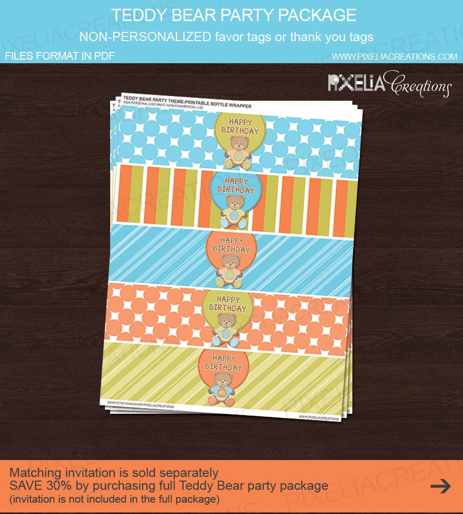 Teddy Bear Party Theme. Printable party. water bottle wrappers in pdf. Instant download. Il_570xn