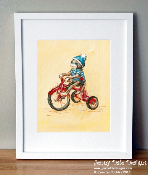 Sock Monkey Art, Nursery Art, Nursery Decor-   Sock monkey on a tricycle: hand signed art print - JennyDaleDesigns
