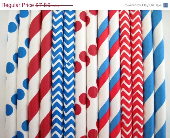 ON SALE 50 Dr. Seuss Red, White and Bright Blue Paper Straw Mix - Stripe, Dot & Chevron - ships less than 24 hours Il_570xn