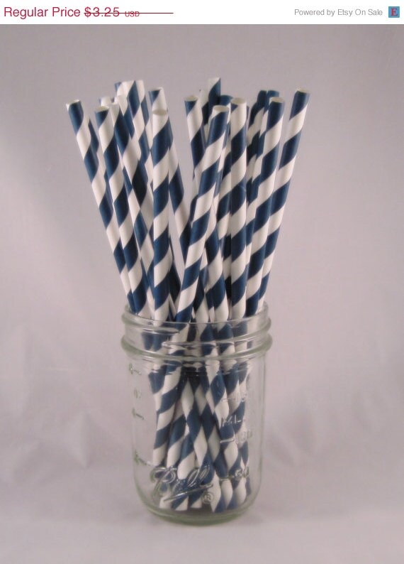 ON SALE 25 Navy Blue Stripe Straws - ships less than 24 hours Il_570xn