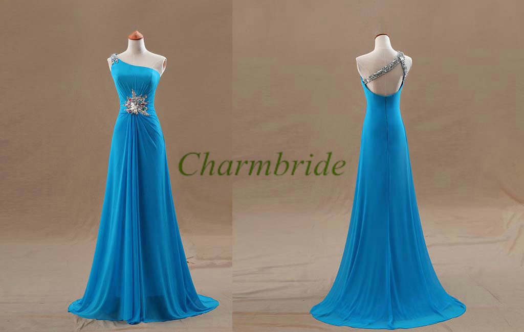 long one shoulder blue fishtail prom dress slim chiffon sweep train