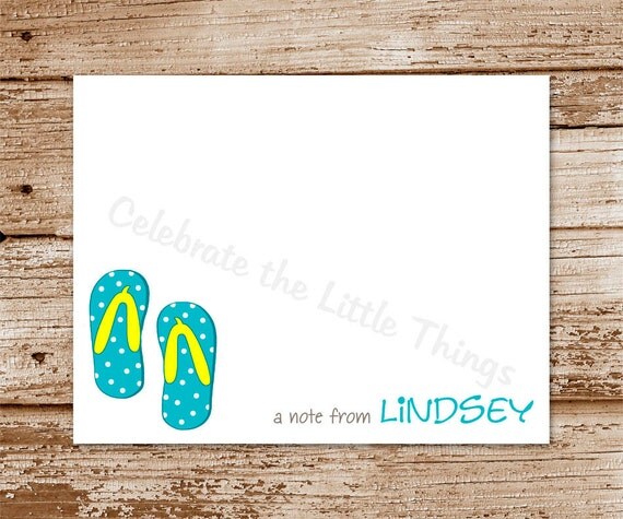 Set of 8 / Flip Flops Note Cards / Personalized Stationery / Color Choices Il_570xn