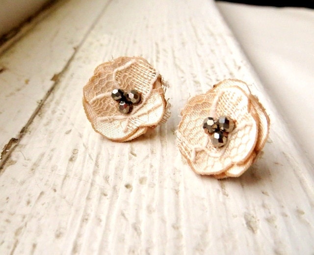 Champagne Lace Flower Stud Earrings, Pale Beige Nude Fabric Earrings, Romantic Vintage Style, Fashion Jewelry, Small Flower Posts - InspiredGreetingsAD