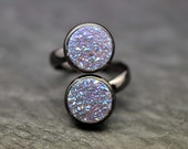 Double Druzy ring made with gunmetal base and two Quartz White Opal Color Titanium Druzy geode beads - BBTAR