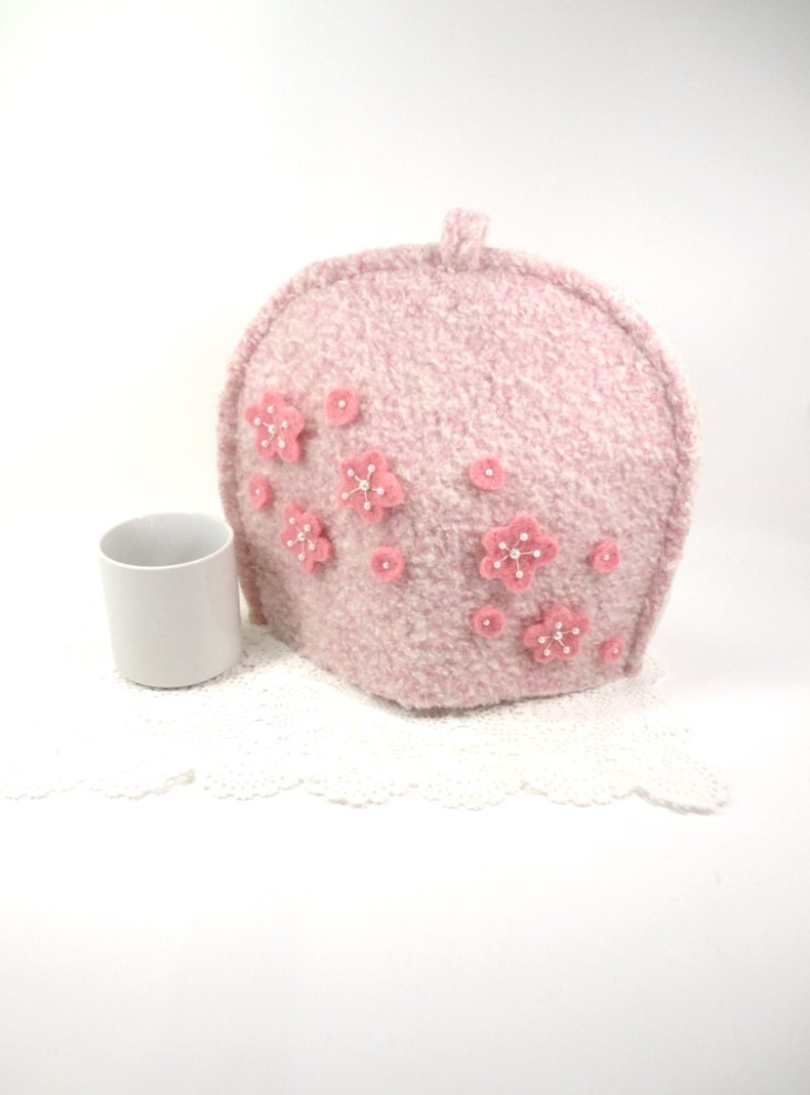 Pink vintage wool tea pot cover Valentines gift idea Felted wool tea cosy Girly pink kitchen - HereAtSmallGoods