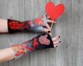 Valentines long mittens, handfelted, decorated with dots fabric hearts and wool curls . OOAK - filcAlki
