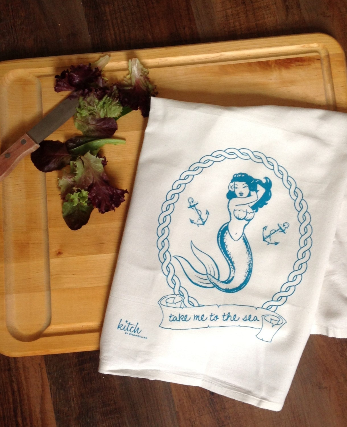 Tea Towel Mermaid Pin Up Retro Flour Sack by KitchStudios on Etsy