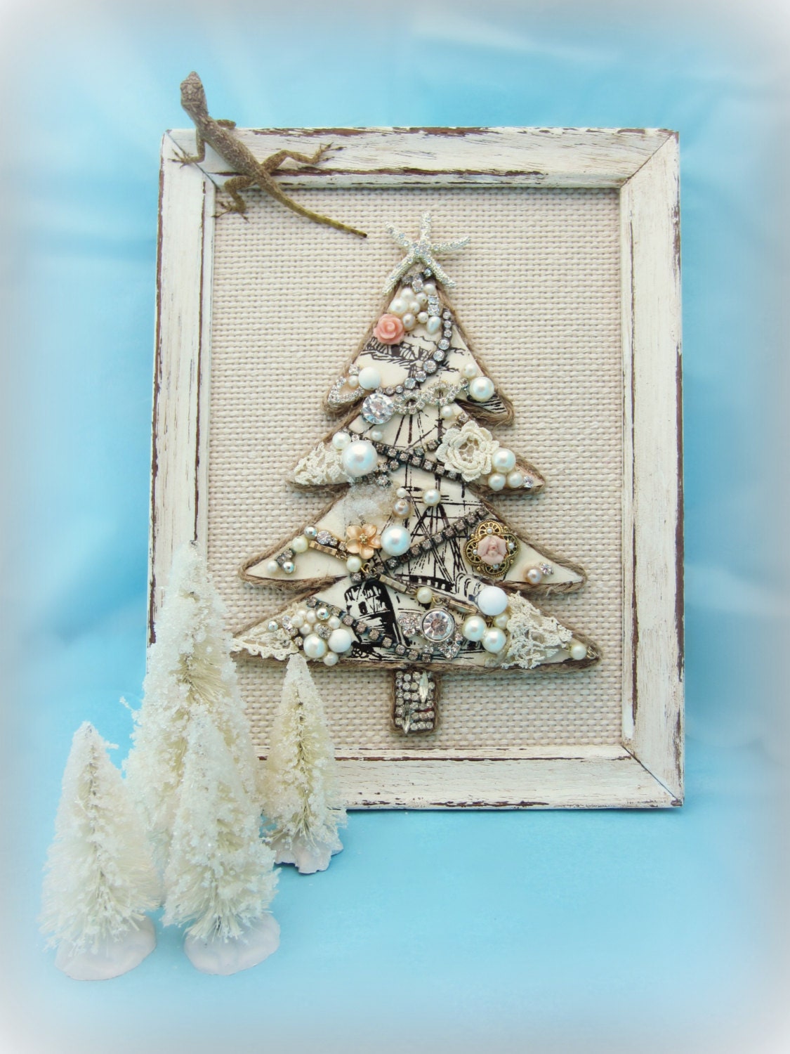 Vintage Jewelry Christmas Tree, Jewelry Mosaic Nautical Xmas Wall Decor, Bejeweled Shabby Christmas Decor - northandsouthshabby