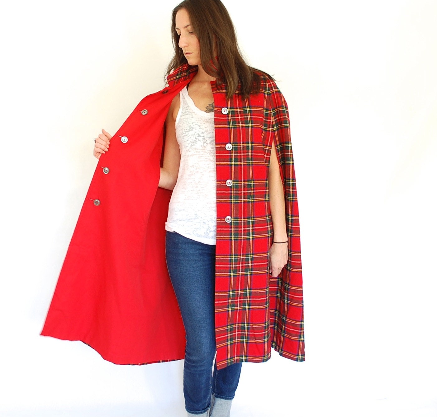 vintage long RED tartan plaid REVERSIBLE cape jacket XS-L - GEMandARROWvtg