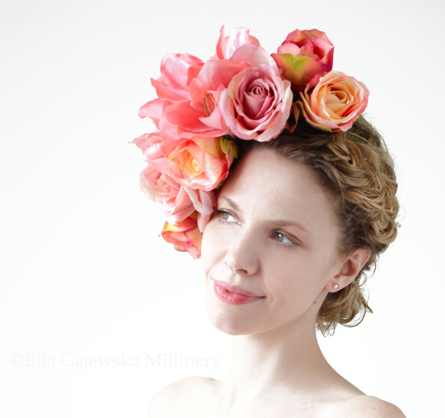 Floral Crown - Coral Rose Lilly - Fabric Flowers Pink Powder - Oversized Pinks Headpiece Wreath Wedding Whimsical Bridal Garden Summer Party - EllaGajewskaHATS