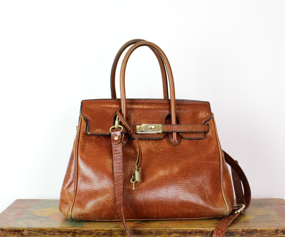 Birkin style leather bag brown crocodile top handle by OmniaVTG