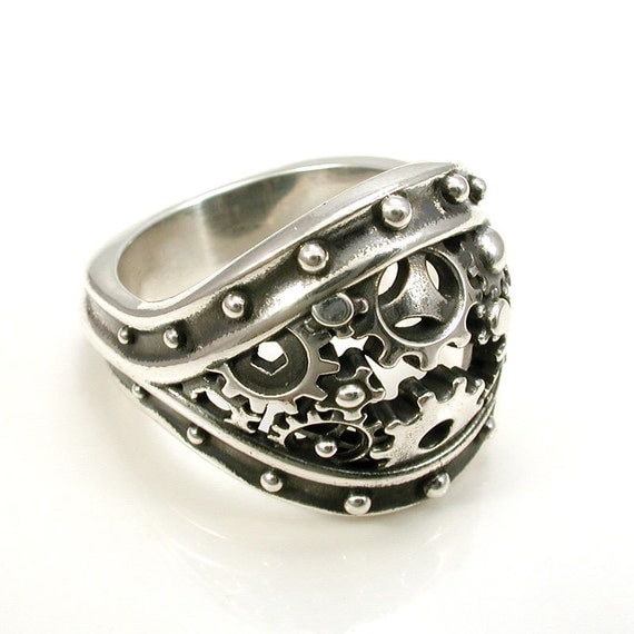 Sterling Silver Steampunk Gear Ring - Exploding Gear and Rivets