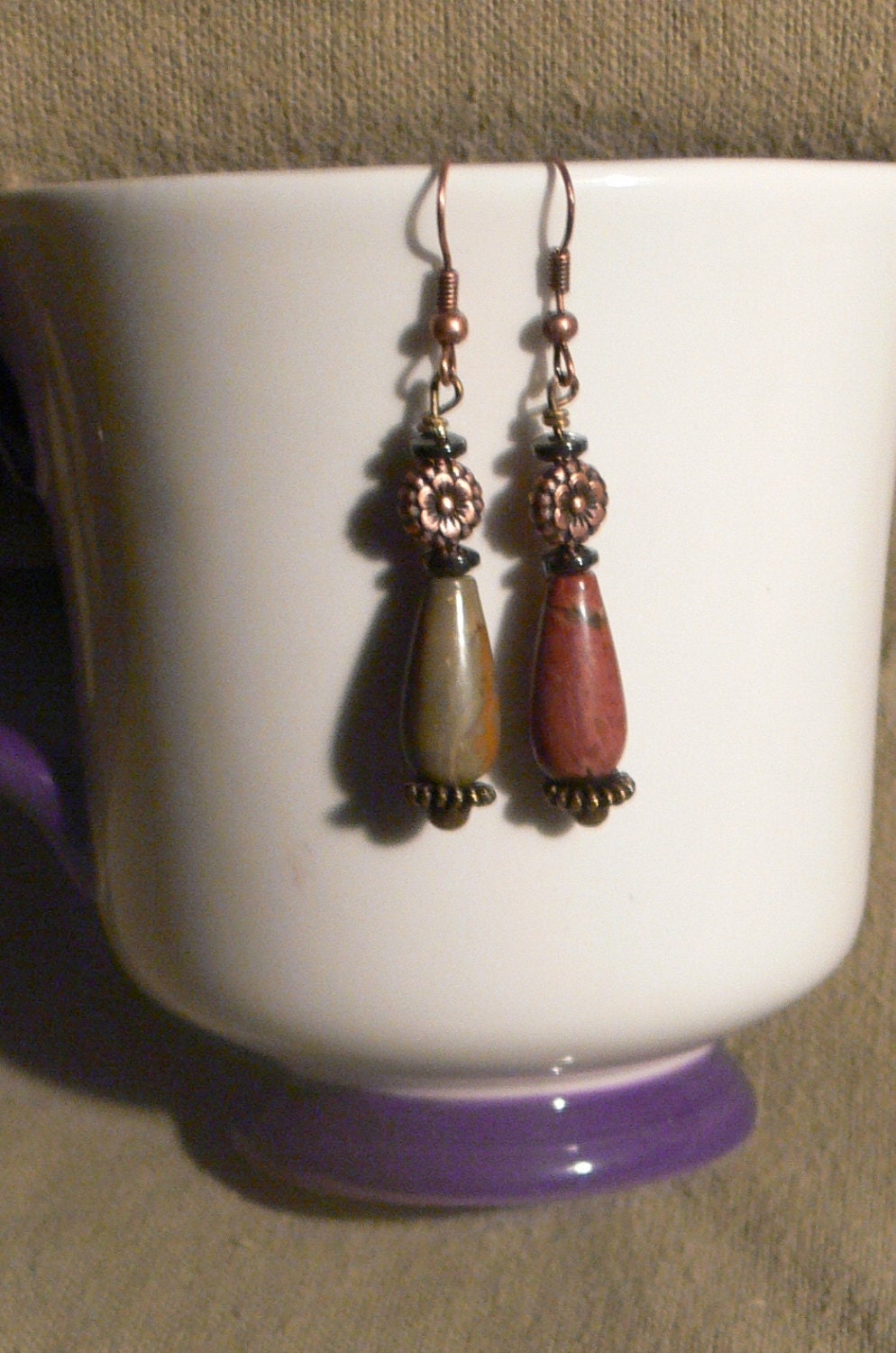 Jasper tear drop, hematite and copper bead dangle earrings - MarquisCreations