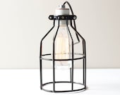 Industrial Cage Table Lamp- Industrial Table Lamp, Antique Edison Bulb, Black Cage Lamp, Rustic Lighting - WorleysLighting
